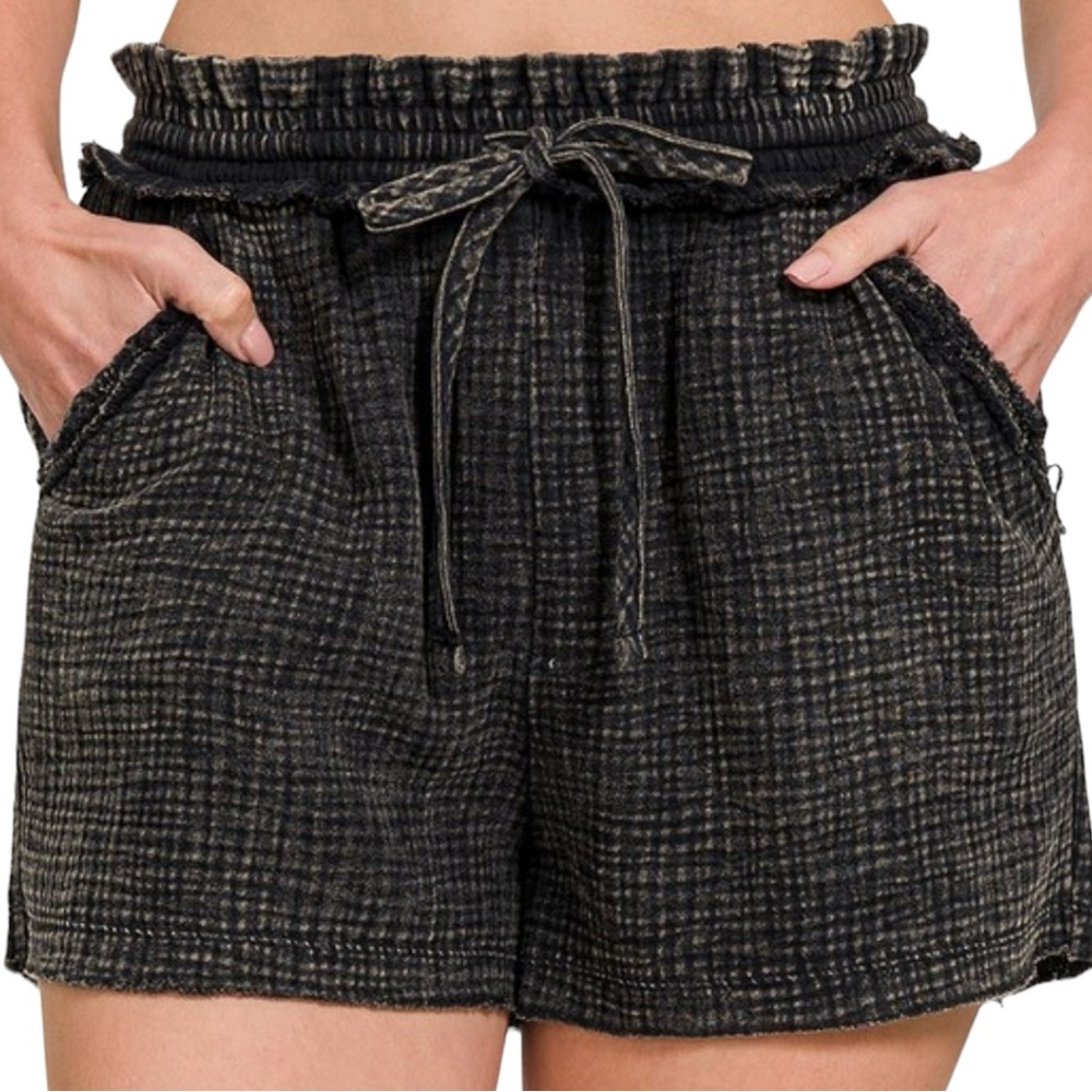 Women’s Black Mineral Wash Gauze Frayed Hem Drawstring Shorts